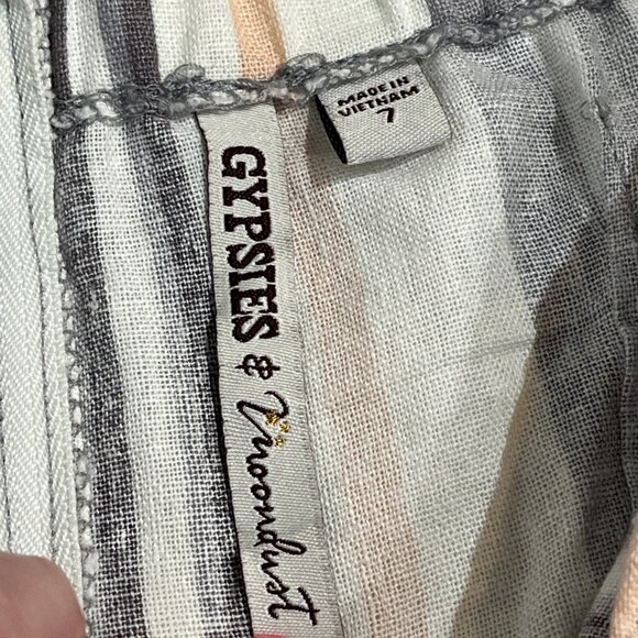 Gypsies & Moondust Jumpsuit L Linen Blend Neutral Striped Wide Leg Strapless - Picture 8 of 11